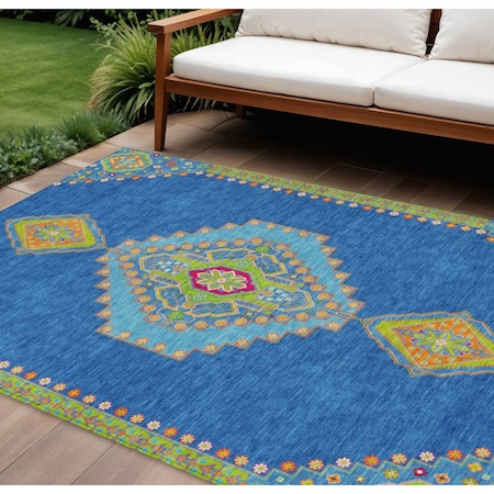 Homeroots 9' X 12' Denim Blue Red And Green Oriental Washable Indoor Outdoor Area Rug 598404