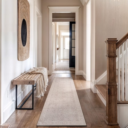 World Rug Gallery Beige Vintage Washable Rug - Low Pile, Subtle Pattern for Neutral Spaces 2 ft 6 in x 8 ft Runner WR173BEIGE26X8