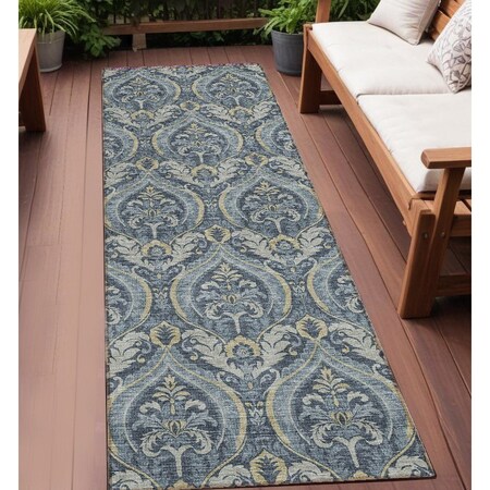 Homeroots 8' Runner Blue and Cream Damask Washable Non Skid Indoor Outdoor Runner Rug 563863