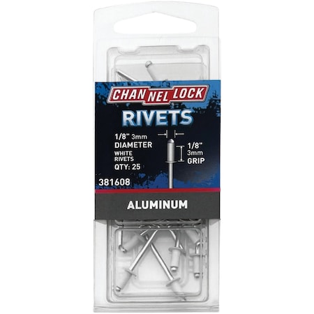 Channellock 1/8''Dia.x1/8'' Grip Wht Aluminum POP Rivet, 25PK 381608