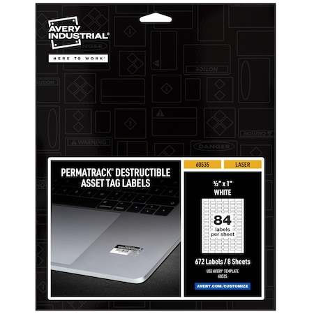 Avery Destructible Asset Tag Labels, 1/2, PK672, Film, 1/2 in W, White, Rectangle, 672 PK 60535