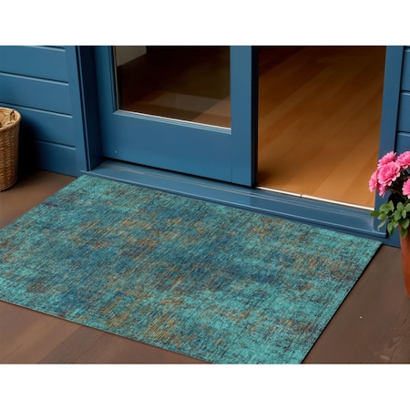 Homeroots 3' X 5' Teal Blue Navy Blue And Brown Abstract Washable Indoor Outdoor Area Rug 612364