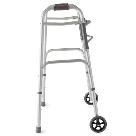 Medline 2-Button Folding Walker with 5in Wheels, Aluminum, 300 lb Wt. Capacity, Assembly Required, 4PK MDS86410W54