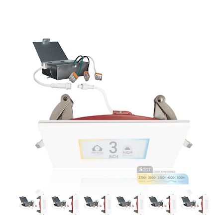 Nuwatt 3 Inch 2 Hour Square Trim Fire Rated Recessed Lighting Canless LED Lights 2700K-5000K, 550LM, 6PK NW-P-SQDL-3-8W-5CT-FR-WH-6P