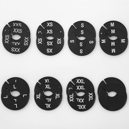 Nahanco Clothing Rack Size Dividers, Round Black, White Print; XXS-XXL Kit 8 Sizes, 2 pcs. each, 16PK CBWKIT3
