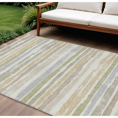 Homeroots 10' X 14' Ivory Beige And Green Striped Washable Indoor Outdoor Area Rug 598907