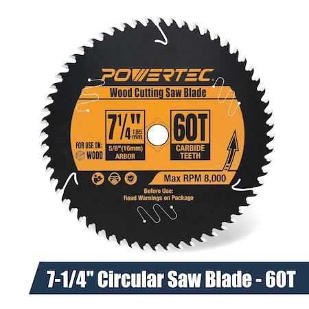 Powertec 7-1/4 Inch Circular Saw Blade, 60T, 5/8" Arbor, Thin Kerf Carbide Tipped Wood Cutting Blade 14016