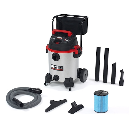 Ridgid Wet/Dry Vacuum, 16 gal., Stainless Steel, Fine Dust Filter, 187 cfm, 65 HP 50353