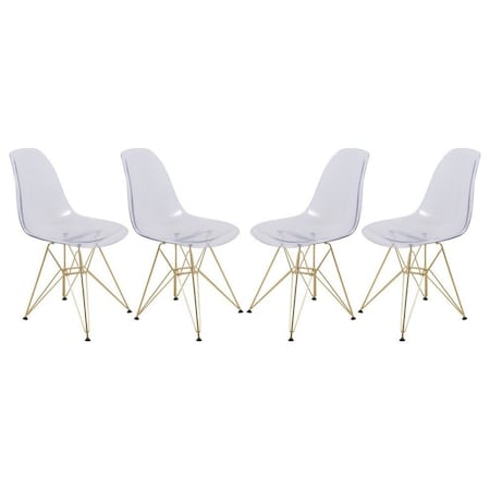 Leisuremod Cresco Plastic Dining Side Chair with Gold Base, Clear, 4PK CR19CLG4