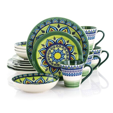 Elama Zen Green Mozaik 16 Piece Luxurious Stoneware Dinnerware with Complete Setting for 4, 16pc ELM-ZEN-GREEN-MOZAIK