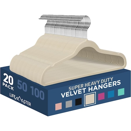 Lifemaster Velvet Non-Slip Hangers, Heavy Duty, 360 Deg Swivel Hook, Space-Saving, Ivory, 20PK LMVELIVO22