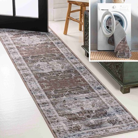 Jonathan Y Alanya Ornate Medallion Non-Slip Machine-Washable Brown/Light Gray 2 ft. x 8 ft. Runner Rug WSH100C-28