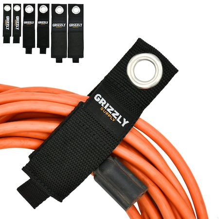 Grizzly Supply Storage Strap, 7, 10, 13 in L, 1, 1.5, 2 in W, Hook and Loop Closure, Grommet, Reusable, Black, 6PK GS-HLSS7x10x13-0