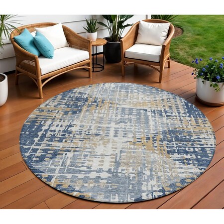 Homeroots 8' Navy Blue And Beige Round Geometric Washable Indoor Outdoor Area Rug 632007