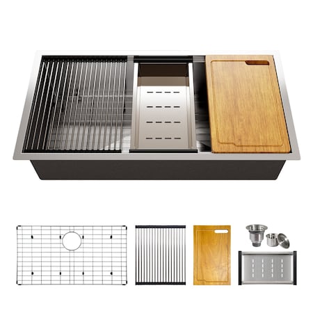 Tecasa 36 in. Undermount Single Bowl 16 Gauge Workstation Kitchen Sink with Accessories DUFL-PWW161