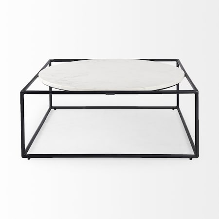 Homeroots 36" White and Black Genuine Marble and Metal Square Frame Coffee Table 393168