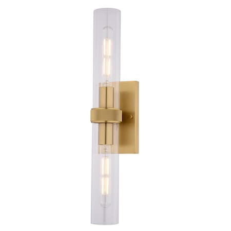Vaxcel Bari 2-Light Satin Brass Wall Sconce, Clear Glass Shade, Dimmable Vanity W0548