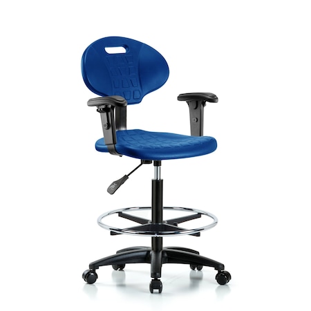 Blue Ridge Ergonomics Erie Poly Chair, High Bench, Foot Ring, Arms, Casters, Blue BR-TPHBCH-RG-A1-CF-RC-BLU