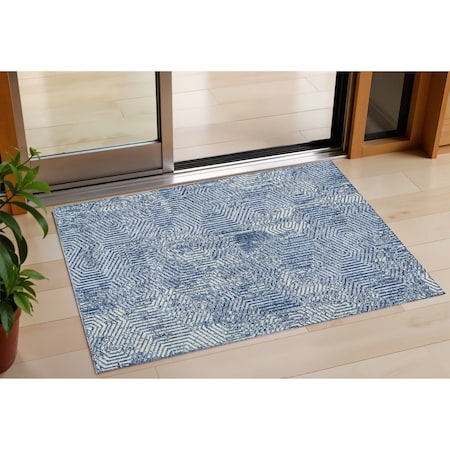 Homeroots 3' X 5' Navy Blue And Ivory Geometric Washable Indoor Outdoor Area Rug 594575