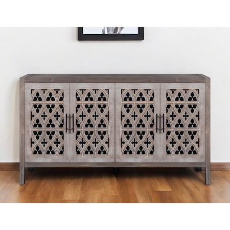 Homeroots 63" Brown Distressed Carved Scrollwork Sideboard with Four Doors 568411