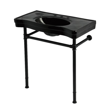 Kingston Brass 36" Ceramic Console Sink with Stainless Steel Legs, 8-Inch, 3-Hole, Black/Matte Black KVPB36198K80