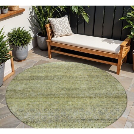 Homeroots 8' Artichoke Green Brown And Gray Round Striped Washable Indoor Outdoor Area Rug 605761
