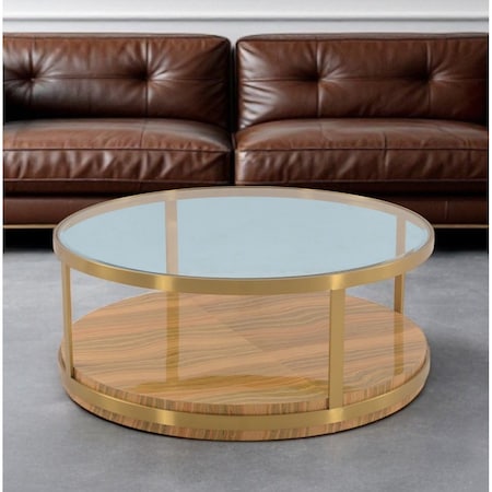 Homeroots 43" Clear Gold And Brown Glass Wood and Metal Round Coffee Table With Shelf 520588
