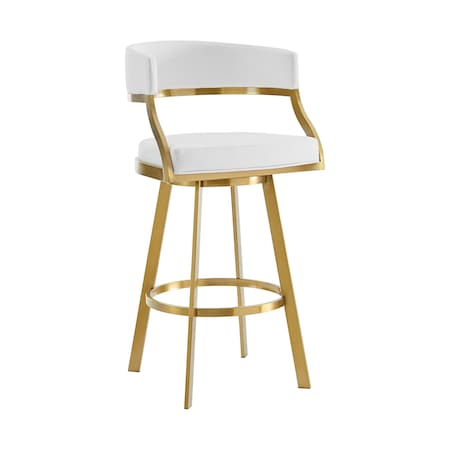 Armen Living Saturn 30in Swivel Bar Stool with Gold Brushed Stainless Steel and White Faux Leather LCSNSWBABGLWH30