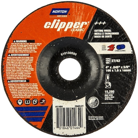 Norton Clipper Abrasive Cut-Off Wheel, Type 27, 4 in Dia, 1/8 in Thick, 5/8 in Arbor Hole Size, Aluminum Oxide 70184601464