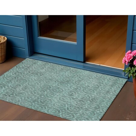 Homeroots 3' X 5' Teal Blue Geometric Washable Indoor Outdoor Area Rug 607506