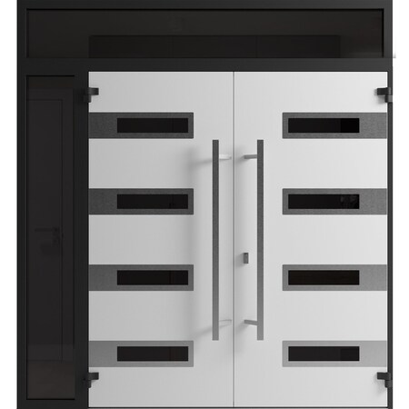 Vdomdoors Front Exterior Prehung Aluminum Double Doors Ronex0131 Black Enamel 1 Sidelight and Top Transom RONEX0131DEXD-BLK-W72+12xH96+16-LH-O