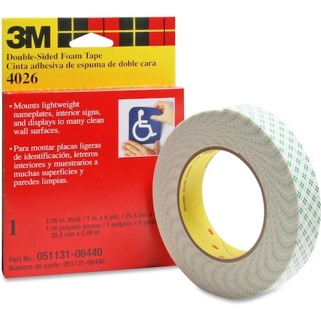 3M Double Sided Foam Tape, 1 in W, 1 in L, 62 mil, Urethane Foam, Double-Sided 4026