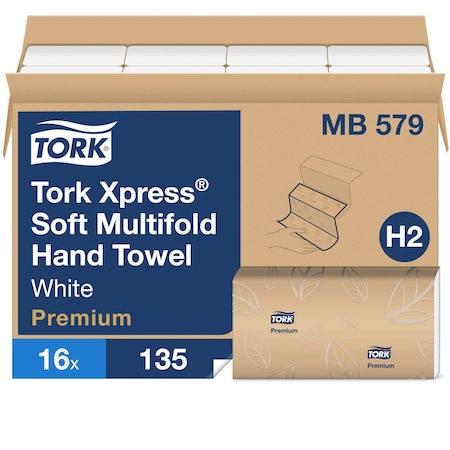 Tork Multifold Paper Towel Sheets, 2 Ply, 135 Sheets, White, 16 PK MB579