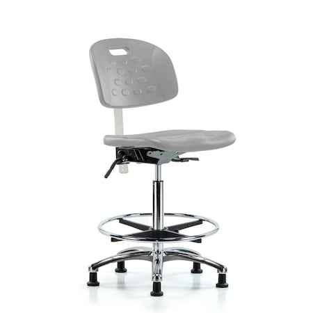 Blue Ridge Ergonomics Class 10 Poly Clean Room Chair-High Bench Ht with Chrome Foot Ring&Stat Glides in Gray Poly CLR-HPHBCH-CR-T0-A0-CF-RG-GRY