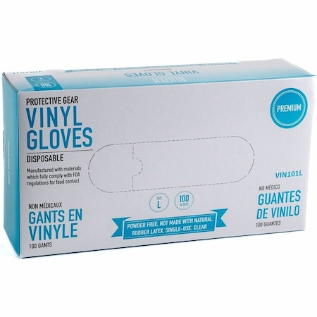 Remcoda Powder-Free Vinyl Gloves, 3 mil Thickness, Large Size, For Right/Left Hand, Vinyl, Clear, 10PK VIN101-L