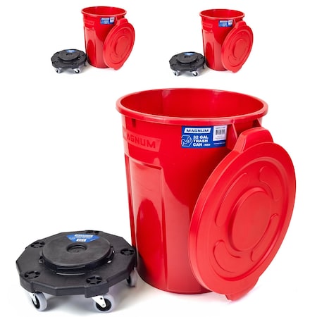 Magnum Tool Red 32 Gallon Trash Can Set (Trash Can, Quiet Dolly, and Reinforced Lid) (3 Set) CMTC-CLD0-32R03