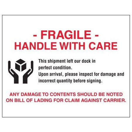 Bsc Preferred 8 x 10'' - ''Fragile - Handle With Care'' Labels, Style 1, 250PK DL1636