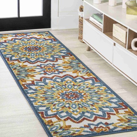 Jonathan Y Flora Abstract Bold Mandala High-Low Red/Blue/Yellow 2 ft. x 8 ft. Indoor/Outdoor Runner Rug AMC112A-28