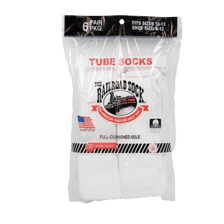 Railroad Sock Mens Tube Socks, 85% Cotton, 15% Nylon, White, 6-12 M, 6 PK 6075