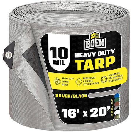 Boen Heavy Duty Tarp, 16 ft x 20 ft, 10 Mil, Silver/Black, Polyethylene ST-1620