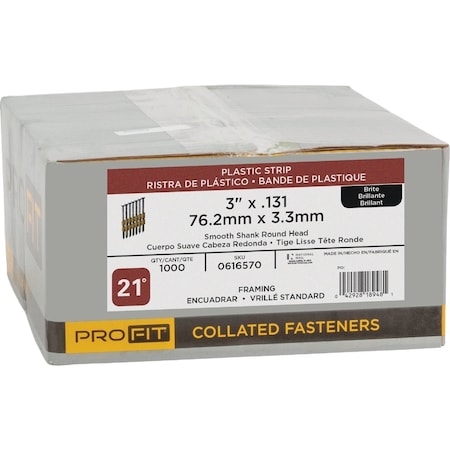 Pro-Fit 3'' x 0.131'' 21 Degree Plastic Strip Round Head Brite Framing Stick Nails, 1000 Ct. 616570