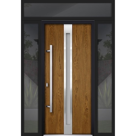 Vdomdoors Steel Door Deux 1744 Natural Oak 2 Sidelight and Transom Black Window Stainless Inserts Single Mode DEUX1744EXD-OAKB-W14+36+14xH80+16-RH-O