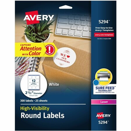 Avery Dennison Avery, PERMANENT LASER PRINT-TO-THE-EDGE ID LABELS W/SUREFEED, 2 1/2inDIA, WHITE, 300PK 5294