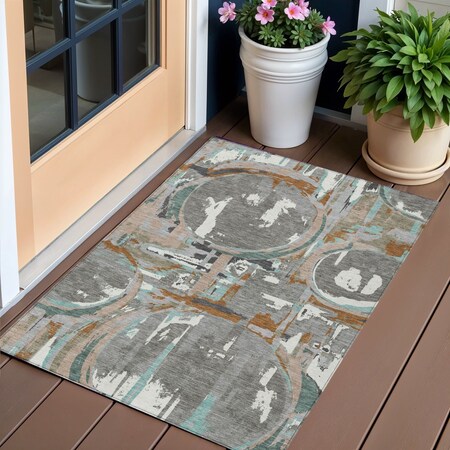 Homeroots 3' X 5' Gray Copper And Mint Green Geometric Washable Indoor Outdoor Area Rug 589386