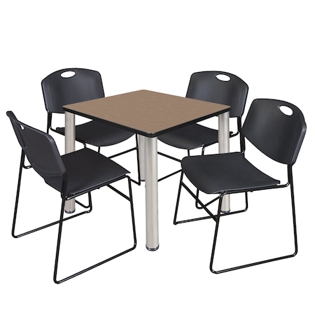 Regency Square Kee Breakroom Table W/ 4 Zeng Stack Chairs, 30 in W, 30 in L, Noble Oak TB3030NOBPCM44BK