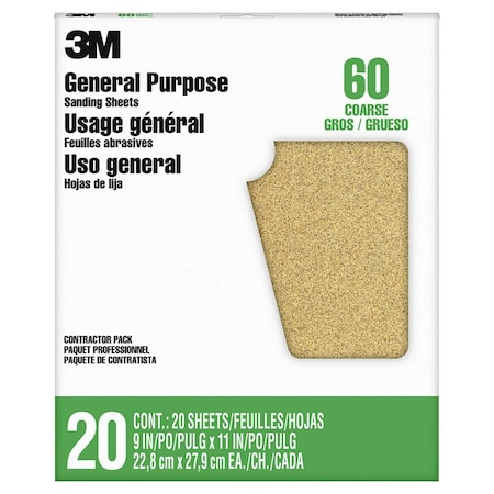 3M 9" x 11" 87591NA-20 Aluminum Oxide Sanding Sheet, 60-Grit, 20-Pack 17004