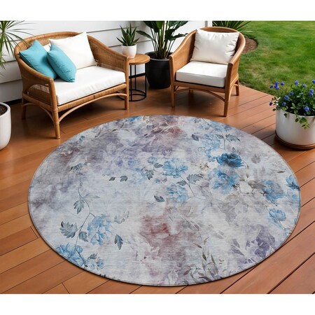 Homeroots 8' Navy Blue And Sky Blue Round Floral Washable Indoor Outdoor Area Rug 583102