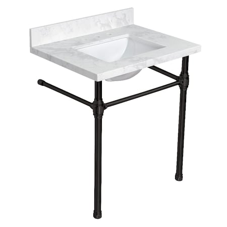 Kingston Brass 31" Quartz Console Sink with Brass Legs, 8-Inch, 3-Hole, Quartz White/Matte Black KVPB3122W38CRV0