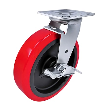 Hyw Products Heavy Duty Caster 8in Polyurethane on Plastic Wheel, Swivel with Brake 40-80S-A1-PU-TB