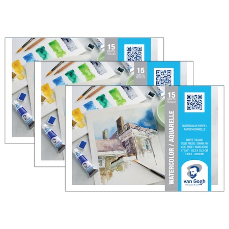 Van Gogh Watercolor Paper Pad, 140lbs, Cold Press, 4'' x 6'', 15 Sheets, 3PK 94178001